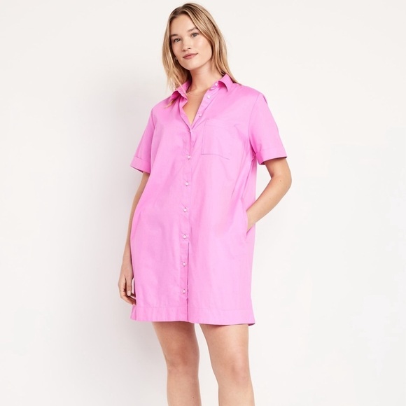 NWT! Old Navy Vivid Begonia Pink Cotton Button-Down Mini Shirt Dress - Multiple - Picture 1 of 10
